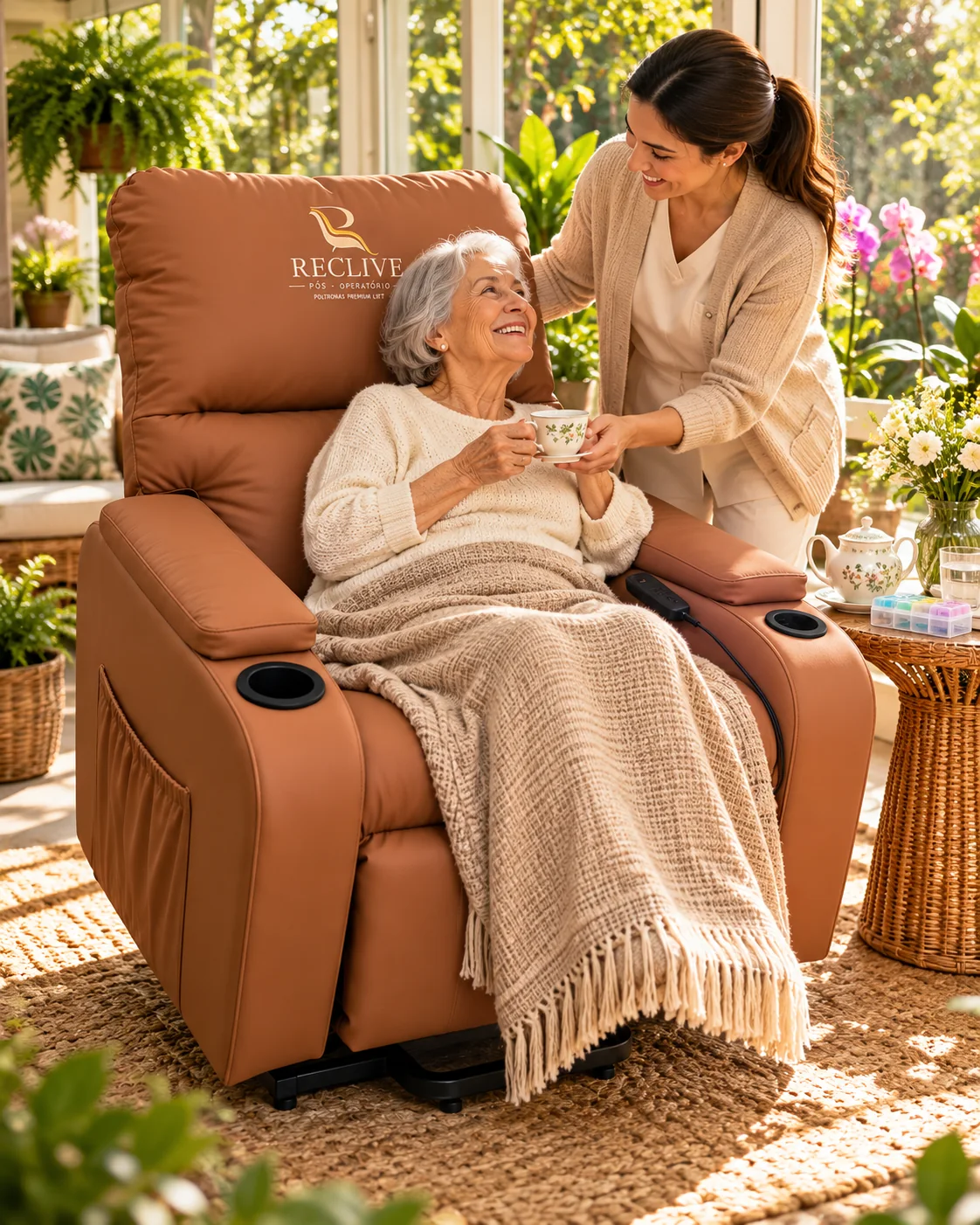 Idosa usando a poltrona Reclive em ambiente com plantas